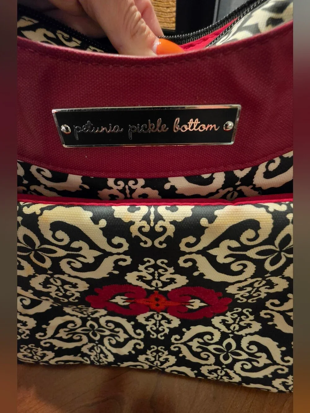 Petunia Pickle Bottom Glazed Touring Tote Diaper Bag Black Cream Damask Red